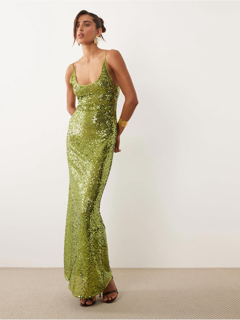 NWT ASOS Women's Green Embellished Sheer Scattered Sequin Cami Maxi Dress